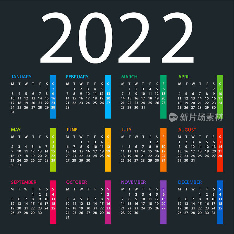 日历2022 -彩色矢量插图。星期一开始上课。暗的背景